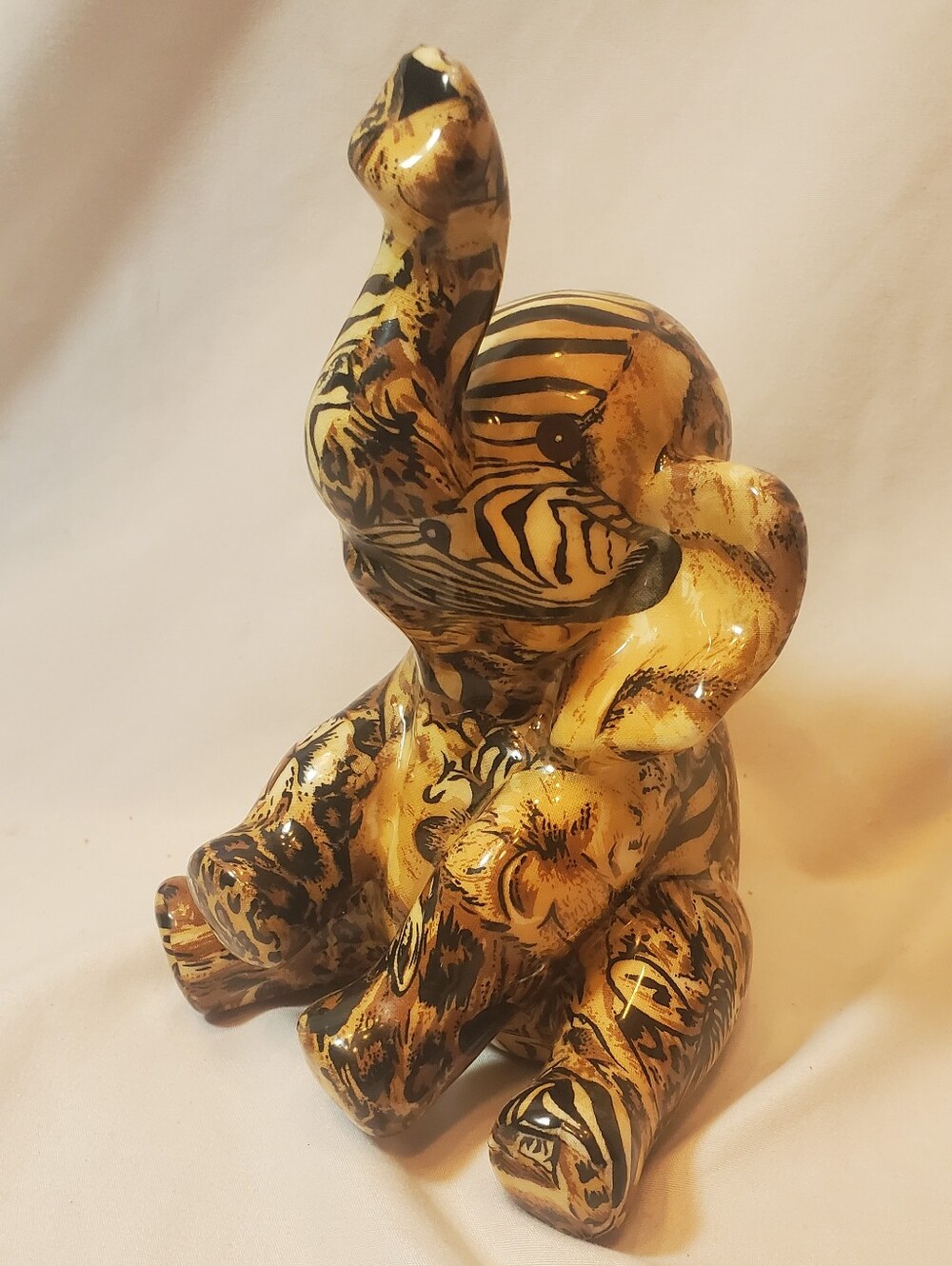 La Vie Vintage Hand-Painted Ceramic Elephant Sculpture Gold and Black Patchwork